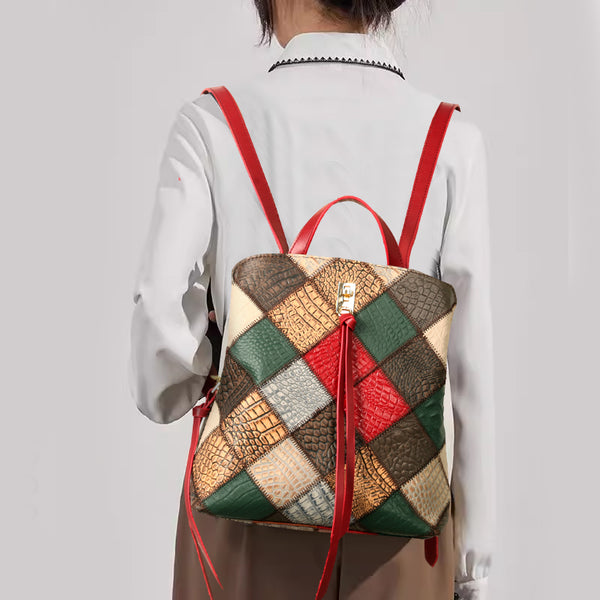 Womens Boho Patchwork Leather Backpack Purse with Tassel Genuine Cowhide Backpack Bag Durable