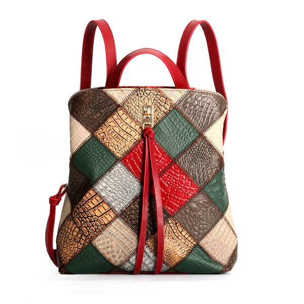 Womens Boho Patchwork Leather Backpack Purse with Tassel Genuine Cowhide Backpack Bag Elegant