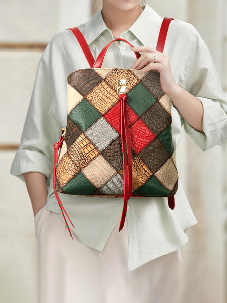 Womens Boho Patchwork Leather Backpack Purse with Tassel Genuine Cowhide Backpack Bag Fashion