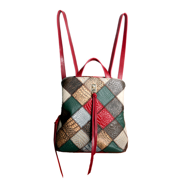 Womens Boho Patchwork Leather Backpack Purse with Tassel Genuine Cowhide Backpack Bag Funky