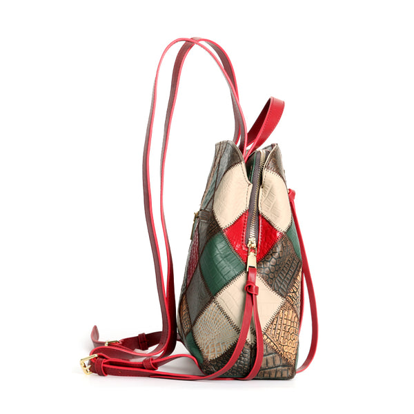 Womens Boho Patchwork Leather Backpack Purse with Tassel Genuine Cowhide Backpack Bag Genuine-Leather