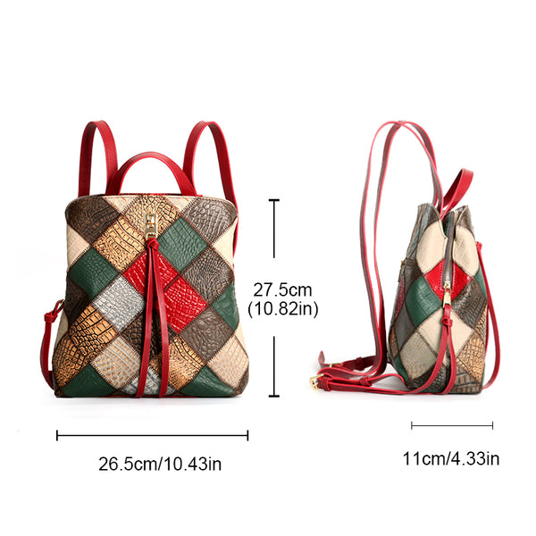 Womens Boho Patchwork Leather Backpack Purse with Tassel Genuine Cowhide Backpack Bag Gift