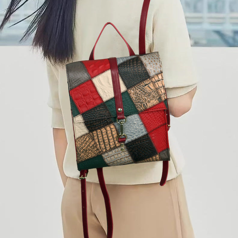 Womens Boho Patchwork Leather Backpack Small Genuine Leather Daypack Affordable