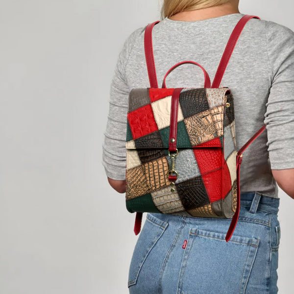 Womens Boho Patchwork Leather Backpack Small Genuine Leather Daypack Badass