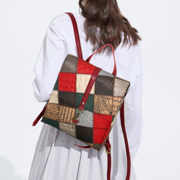 Womens Boho Patchwork Leather Backpack Small Genuine Leather Daypack