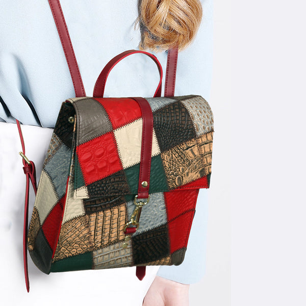 Womens Boho Patchwork Leather Backpack Small Genuine Leather Daypack Casual