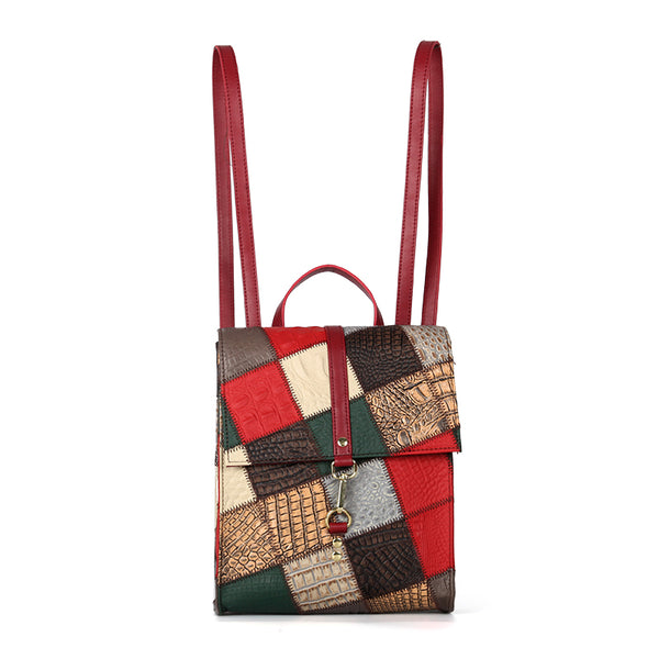 Womens Boho Patchwork Leather Backpack Small Genuine Leather Daypack Chic