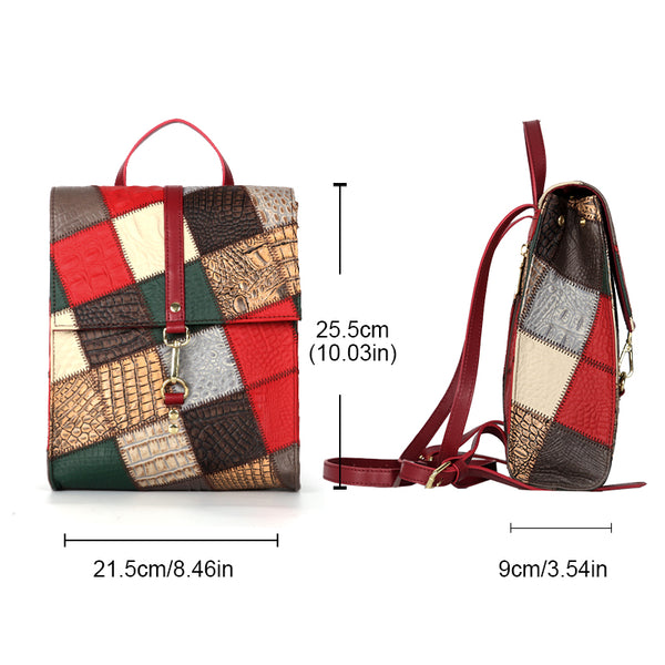 Womens Boho Patchwork Leather Backpack Small Genuine Leather Daypack Classic