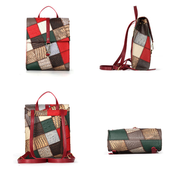 Womens Boho Patchwork Leather Backpack Small Genuine Leather Daypack Classy