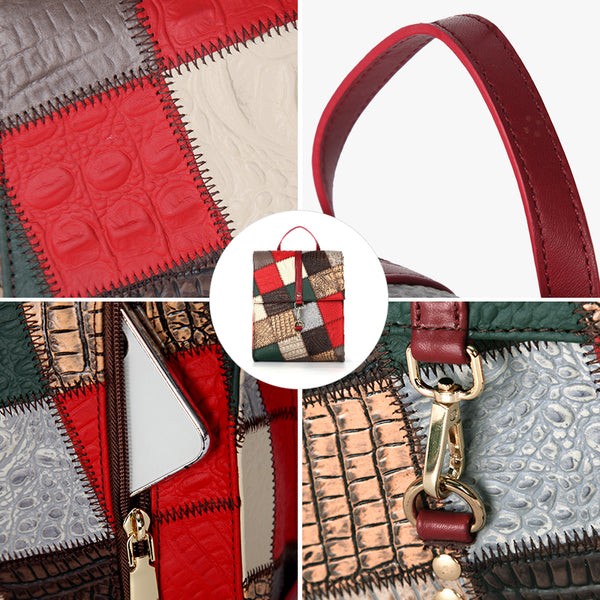 Womens Boho Patchwork Leather Backpack Small Genuine Leather Daypack Cool