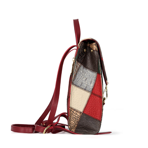 Womens Boho Patchwork Leather Backpack Small Genuine Leather Daypack Cute