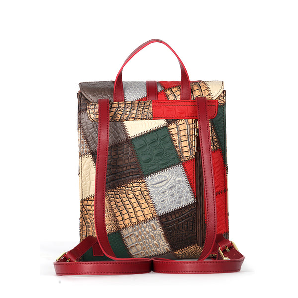 Womens Boho Patchwork Leather Backpack Small Genuine Leather Daypack Durable