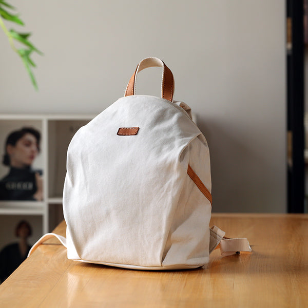 Womens Canvas Backpack with Genuine Leather Trim Casual Lightweight Travel Bag Accessories