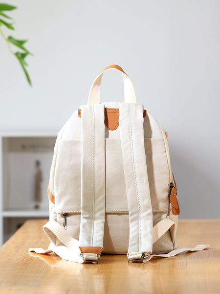 Womens Canvas Backpack with Genuine Leather Trim Casual Lightweight Travel Bag Back