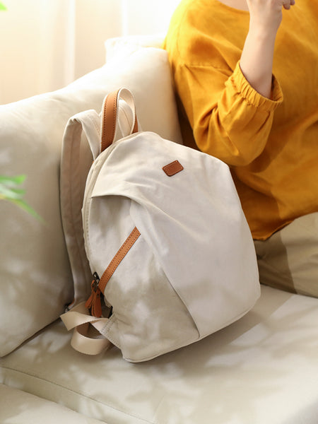 Womens Canvas Backpack with Genuine Leather Trim Casual Lightweight Travel Bag
