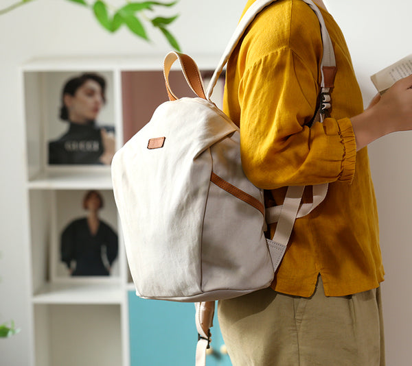 Womens Canvas Backpack with Genuine Leather Trim Casual Lightweight Travel Bag Casual