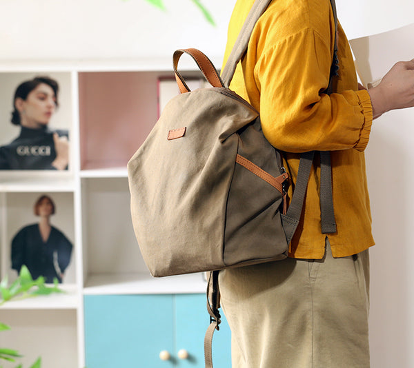Vintage Canvas Rucksack for Women-Daily School and Commuter Backpack with Leather Details