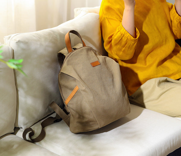 Womens Canvas Backpack with Genuine Leather Trim Casual Lightweight Travel Bag Cool