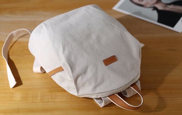 Womens Canvas Backpack with Genuine Leather Trim Casual Lightweight Travel Bag Cute