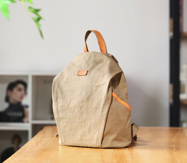 Womens Canvas Backpack with Genuine Leather Trim Casual Lightweight Travel Bag Designer