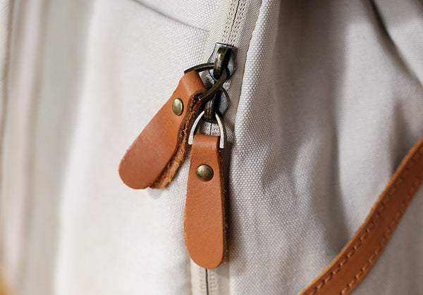 Womens Canvas Backpack with Genuine Leather Trim Casual Lightweight Travel Bag Details
