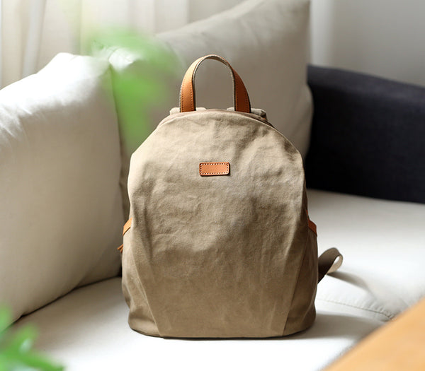 Womens Canvas Backpack with Genuine Leather Trim Casual Lightweight Travel Bag Fashion