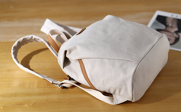 Womens Canvas Backpack with Genuine Leather Trim Casual Lightweight Travel Bag Fashionable