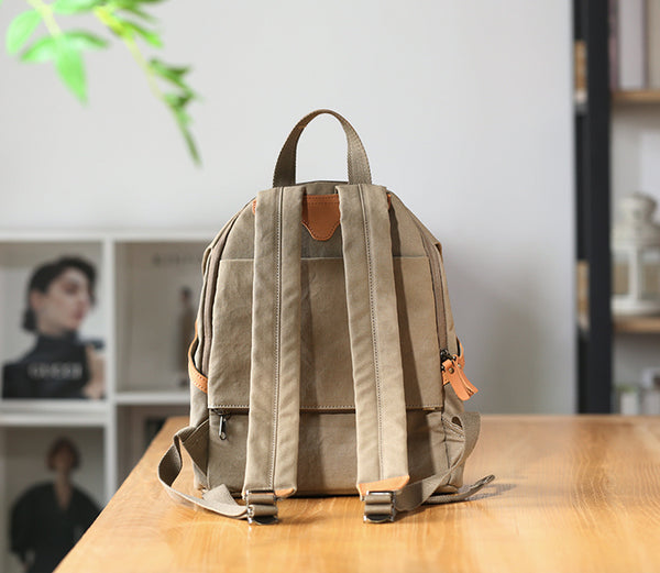 Womens Canvas Backpack with Genuine Leather Trim Casual Lightweight Travel Bag Functional 