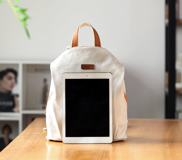 Womens Canvas Backpack with Genuine Leather Trim Casual Lightweight Travel Bag Funky