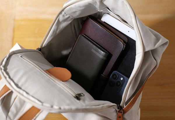 Womens Canvas Backpack with Genuine Leather Trim Casual Lightweight Travel Bag Minimalist