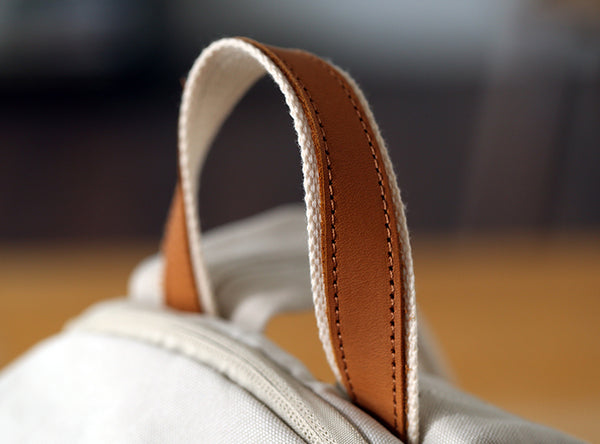 Womens Canvas Backpack with Genuine Leather Trim Casual Lightweight Travel Bag Small