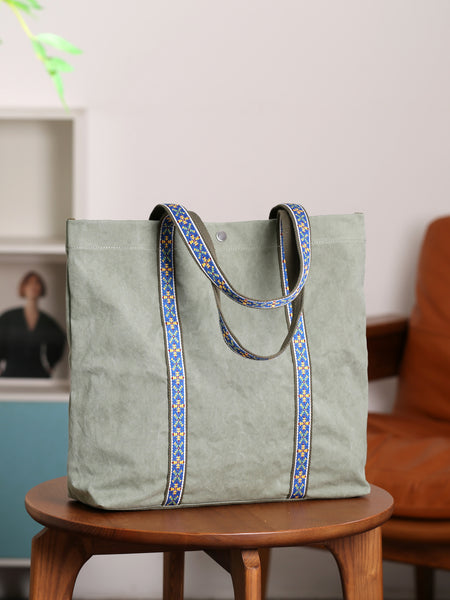 Boho Canvas Shoulder Tote with Patterned Strap Everyday Casual Bag