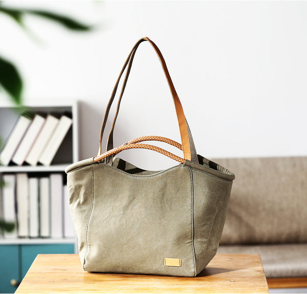 Womens Canvas Tote Bag With Leather Handles Canvas Shoulder Bag