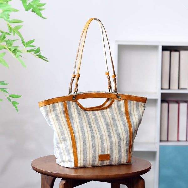 Womens Canvas Tote Bag with Genuine Leather Trim Large Shoulder Handbag for Work and Travel Accessories