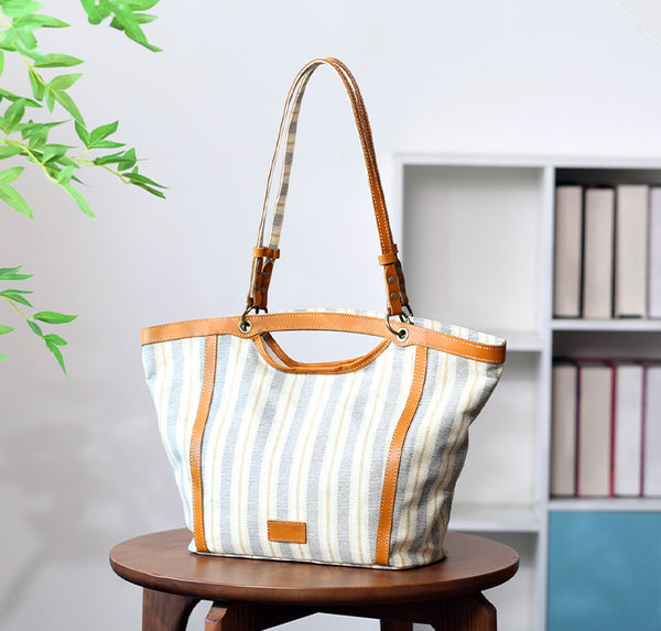Womens Canvas Tote Bag with Genuine Leather Trim Large Shoulder Handbag for Work and Travel Beautiful