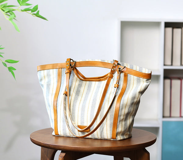 Womens Canvas Tote Bag with Genuine Leather Trim Large Shoulder Handbag for Work and Travel Brown