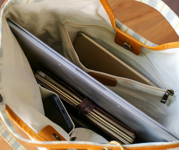 Womens Canvas Tote Bag with Genuine Leather Trim Large Shoulder Handbag for Work and Travel Capacity