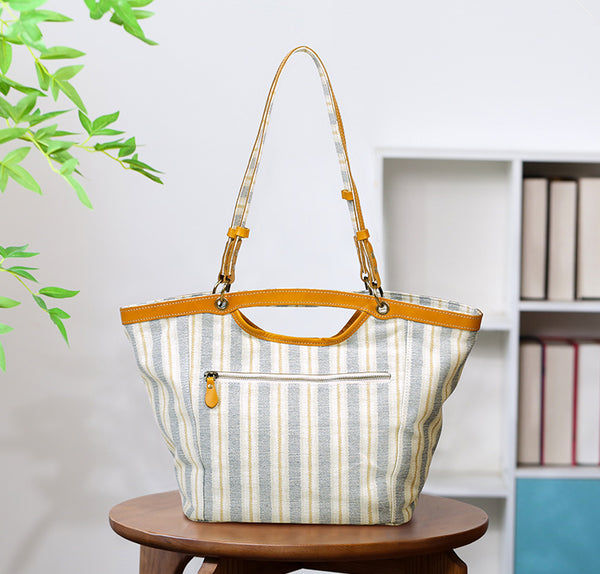 Womens Canvas Tote Bag with Genuine Leather Trim Large Shoulder Handbag for Work and Travel Chic