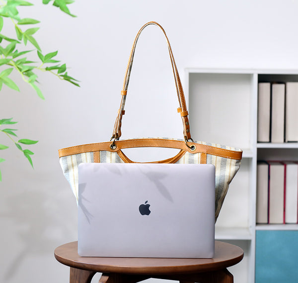 Womens Canvas Tote Bag with Genuine Leather Trim Large Shoulder Handbag for Work and Travel Classic