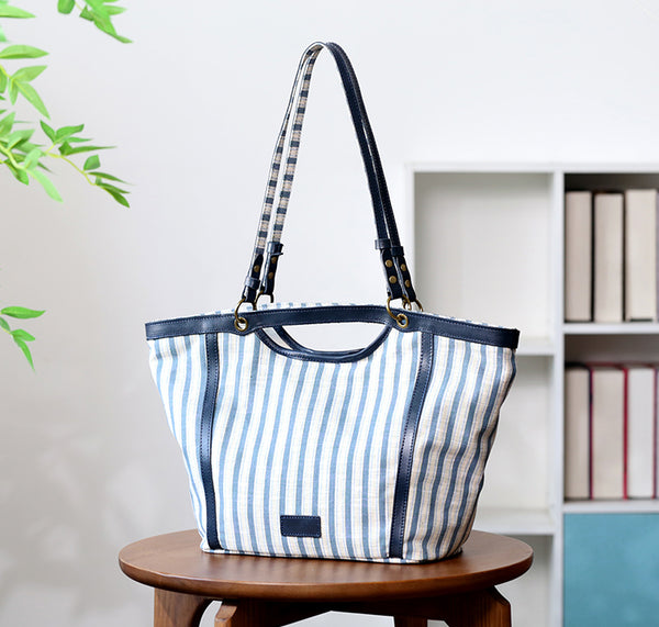 Womens Canvas Tote Bag with Genuine Leather Trim Large Shoulder Handbag for Work and Travel Designer