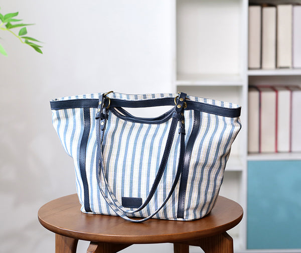Womens Canvas Tote Bag with Genuine Leather Trim Large Shoulder Handbag for Work and Travel Fashion