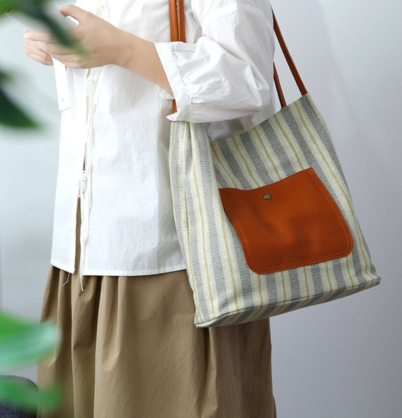 Womens Canvas and Leather Shoulder Bag for Women-Lightweight Tote with Pockets