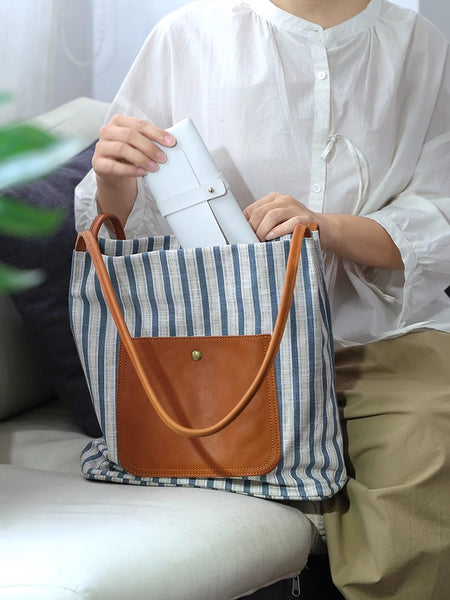 Ladies Minimalist Cotton-Linen Shoulder Bag with Genuine Leather Trim-Casual Everyday Purse