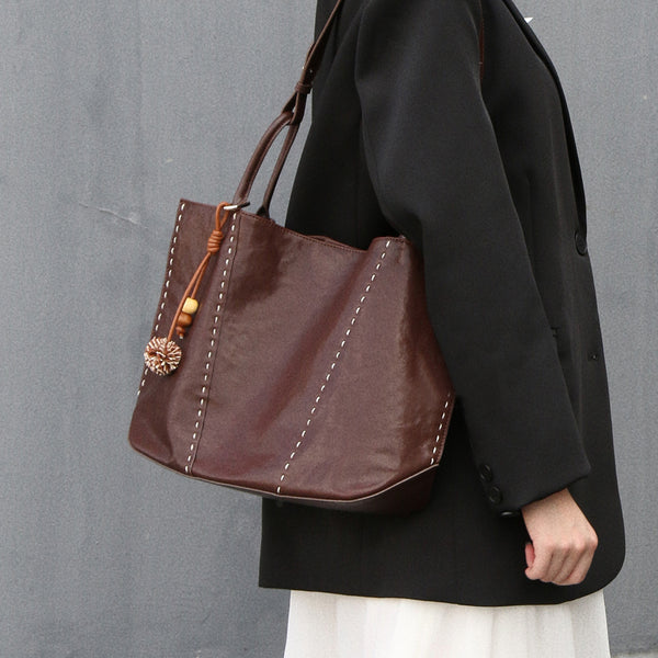 Womens Full-Grain Leather Tote Bag-Large Capacity Shoulder Handbag for Work and Daily Use Badass