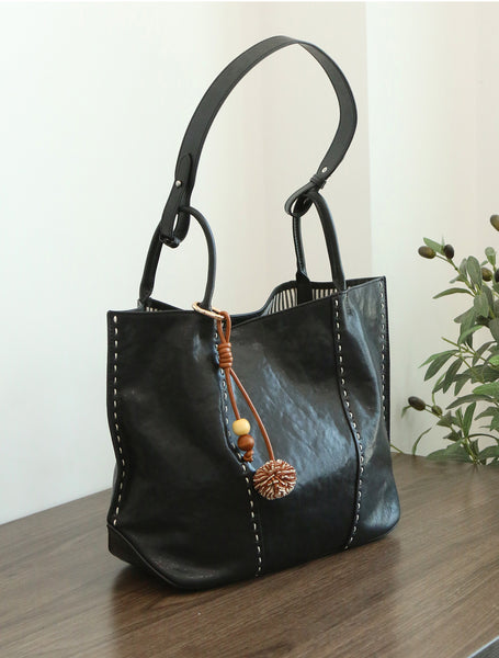 Womens Full-Grain Leather Tote Bag-Large Capacity Shoulder Handbag for Work and Daily Use