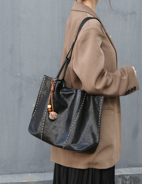 Womens Full-Grain Leather Tote Bag-Large Capacity Shoulder Handbag for Work and Daily Use Black