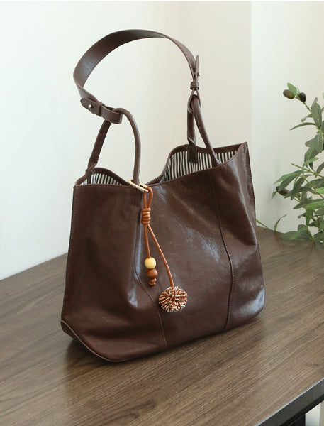 Womens Full-Grain Leather Tote Bag-Large Capacity Shoulder Handbag for Work and Daily Use Chic