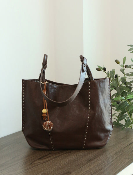 Womens Full-Grain Leather Tote Bag-Large Capacity Shoulder Handbag for Work and Daily Use Classy