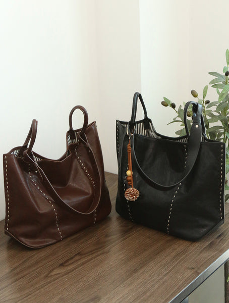 Womens Full-Grain Leather Tote Bag-Large Capacity Shoulder Handbag for Work and Daily Use Cowhide