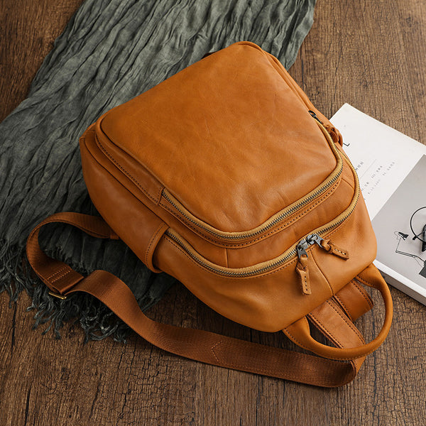 Women's Genuine Leather Backpack Vintage Multi Pocket Daypack Brown